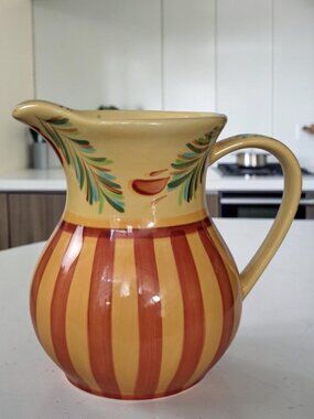Gail Pittman Siena Stripes Ferns Pitcher 48oz Cottage Pottery 8” EUC